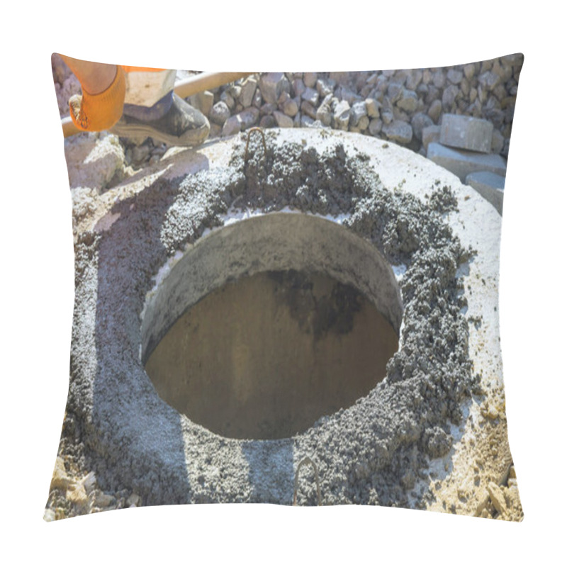 Personality  Manhole For Utility Pit Well Is Being Formed By Placing Concrete Along Its Top Border. Pillow Covers