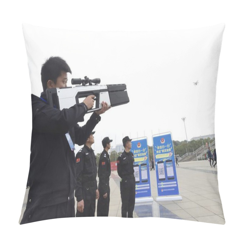 Personality  A Chinese Police Officer Uses An Anti-drone Gun To Disable UAV (unmanned Aerial Vehicle) Outside A Stadium During A Crackdown On Illegal Drones In Wuhan City, Central China's Hubei Province, 11 March 2017 Pillow Covers