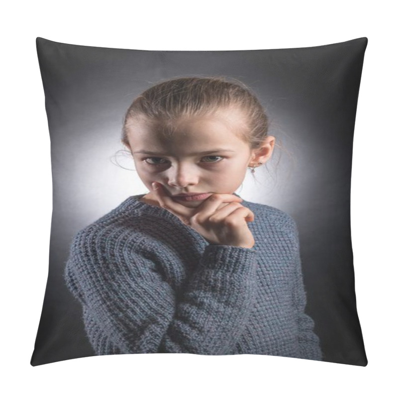 Personality  Teen Girl 9-12 Years Old, Looks Into The Frame, Emotional Studio Portrait On A Gray Background With Backlight Pillow Covers