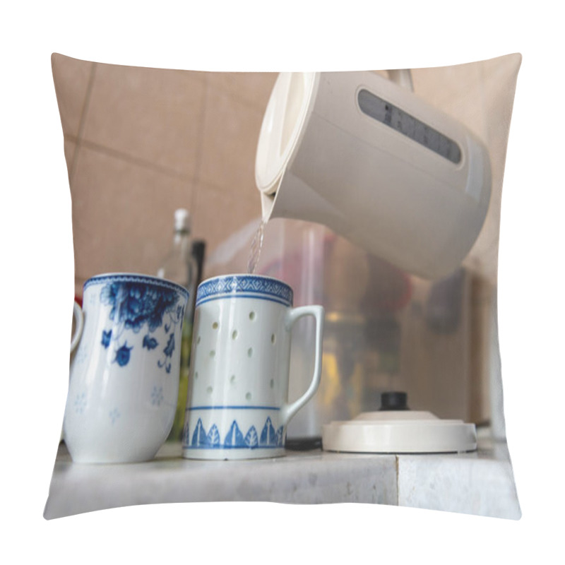 Personality  A Person Pouring Boiled Water To Tea Mugs. Energy Use, Cost Of Living Concept. Pillow Covers