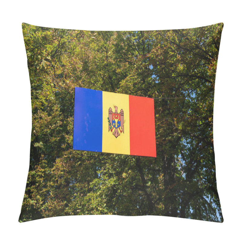 Personality  The State Flag Of The Republic Of Moldova Hoisted In Public Space, On The Streets, Against The Background Of Tree Branches With Leaves. Pillow Covers