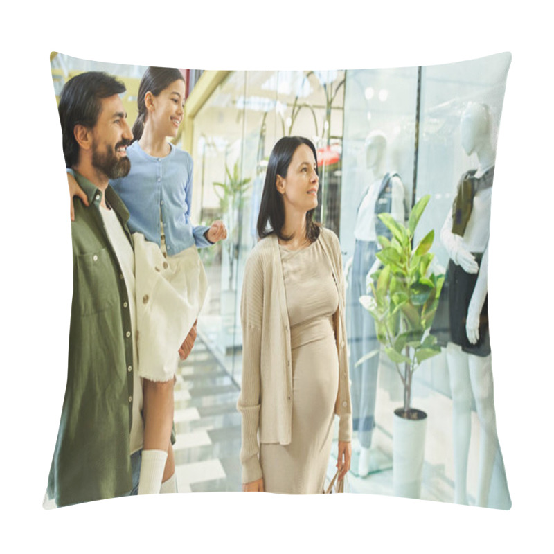 Personality  A Group Of People, Including A Happy Family, Admiring Mannequins In A Shopping Mall During A Weekend Outing. Pillow Covers