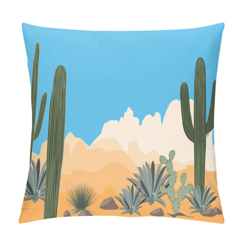 Personality  Scenery Of The Arid Desert. Landscape Of A Valley With Saguaro Cacti. View Of Mountains, Clear Blue Sky Background Pillow Covers