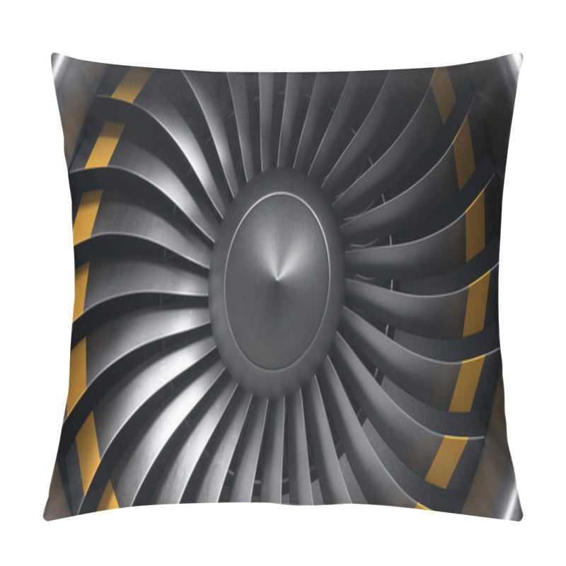 Personality  3D Illustration Jet Engine, Close-up View Jet Engine Blades. Front View Of A Jet Engine Blades. Rotating Blades Of The Turbojet. Part Of The Airplane. Blades At The Ends Painted Orange Pillow Covers