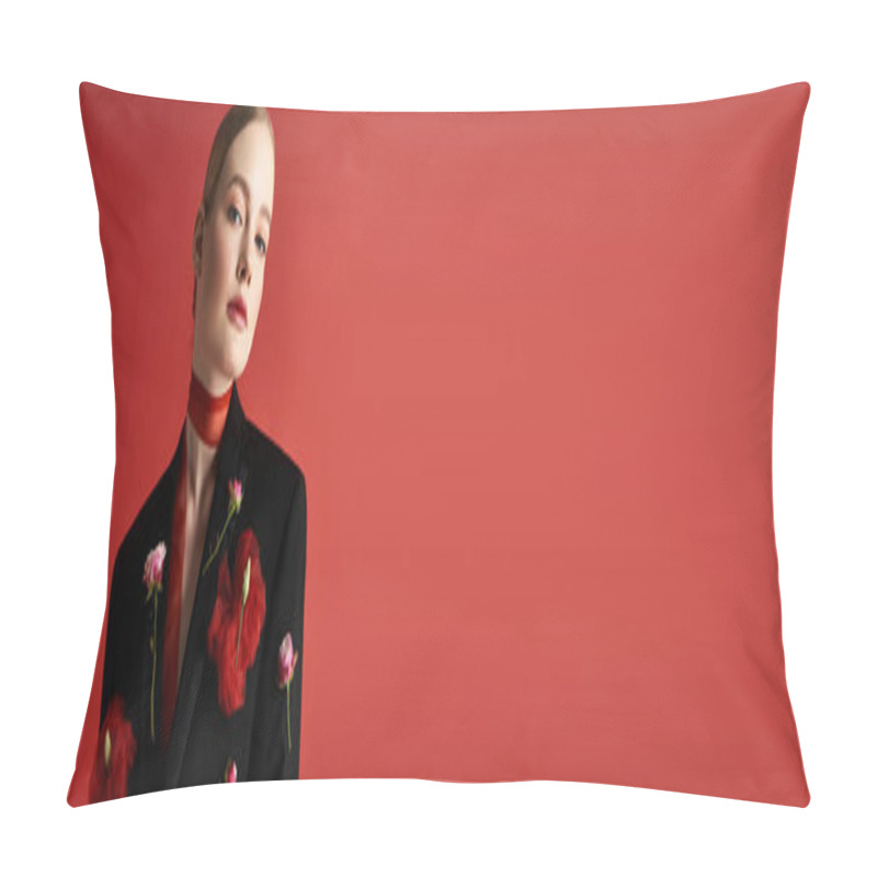 Personality  A Young Woman Gracefully Poses, Showcasing Flowers Against A Striking Red Background. Pillow Covers