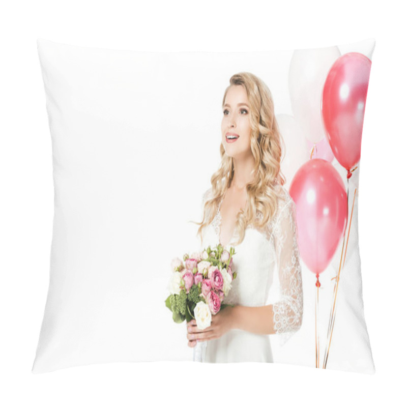 Personality  Happy Young Bride With Bridal Bouquet And Air Balloons Isolated On White Pillow Covers