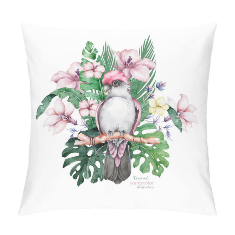 Personality  Beautiful Floral Exotic Illustration With Parrot, Tropical Leaves, Hibiscus. Isolated On White Background Pillow Covers