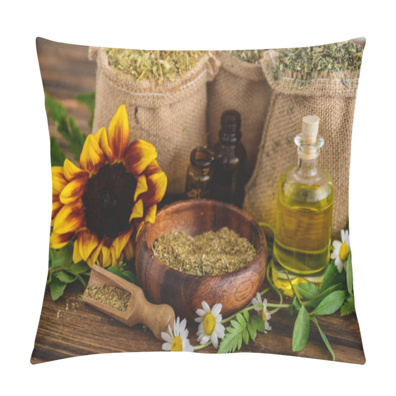 Personality  Wooden Bowl, Spatula, Sackcloth Bags With Dried Herbs, Bottles With Essential Oils, Sunflower And Chamomile Flowers On Wooden Surface  Pillow Covers