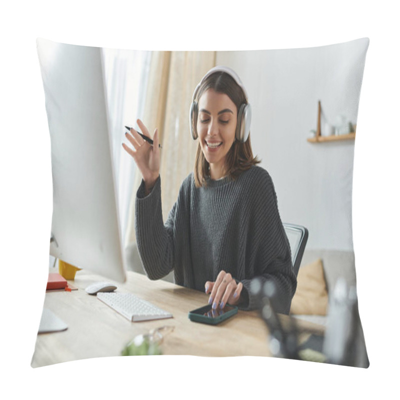 Personality  A Young Woman Wearing Headphones Smiles And Gestures While Working At Her Desk In A Home Office. Pillow Covers