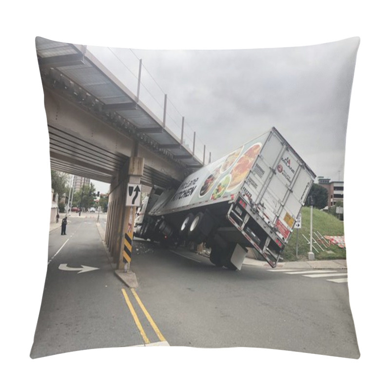 Personality  14 September 2019 Durham North Carolina USA View Of The Back Of The Track Wheels Of A Skidded Overturned Truck On An Highway In An Accident Hits Bridge Pillow Covers