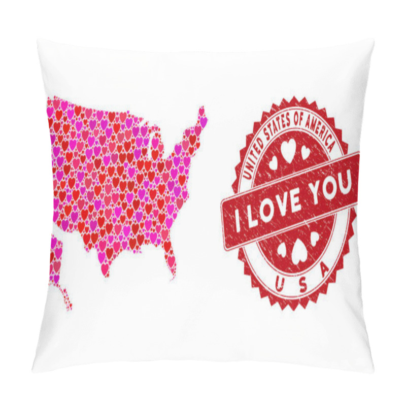 Personality  Love Heart Mosaic USA With Alaska Map With Grunge Seal Pillow Covers