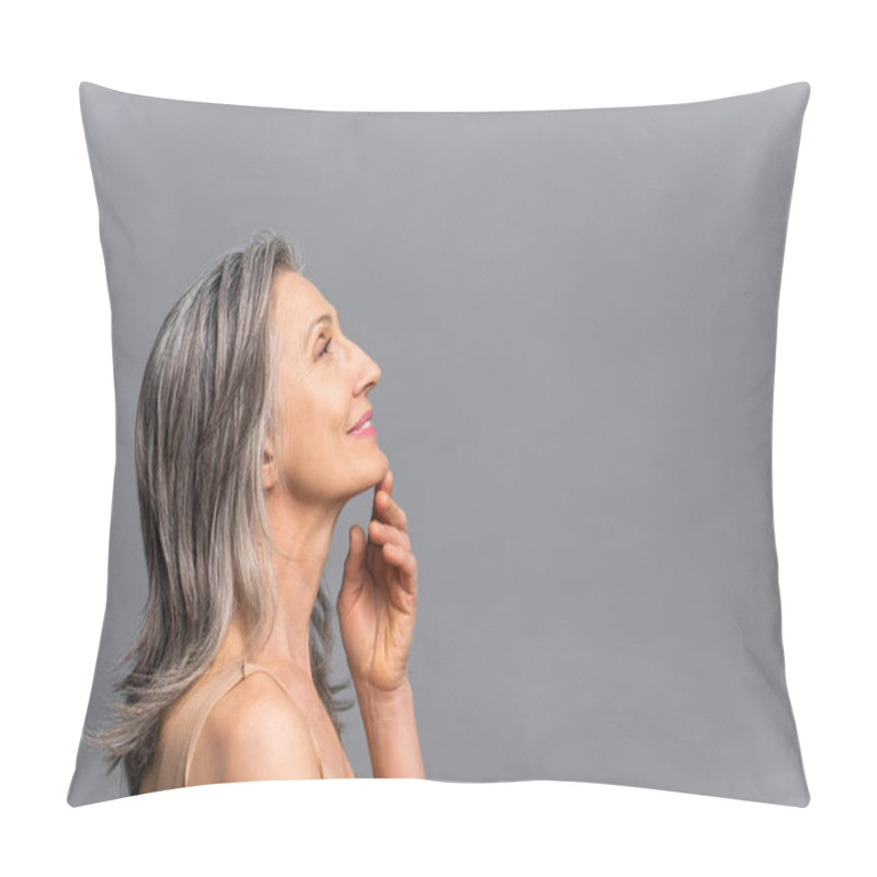 Personality  Bright Mature Lady Standing In Profile Looks Up Pillow Covers