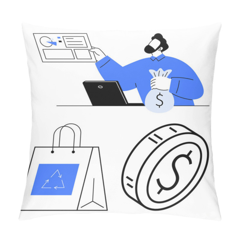 Personality  Man Presenting Investment Chart With A Laptop And Money Bag, Eco-themed Shopping Bag, And Large Coin. Ideal For Financial Growth, Savings, Eco-friendliness, Commerce, Business Planning, Sustainable Pillow Covers