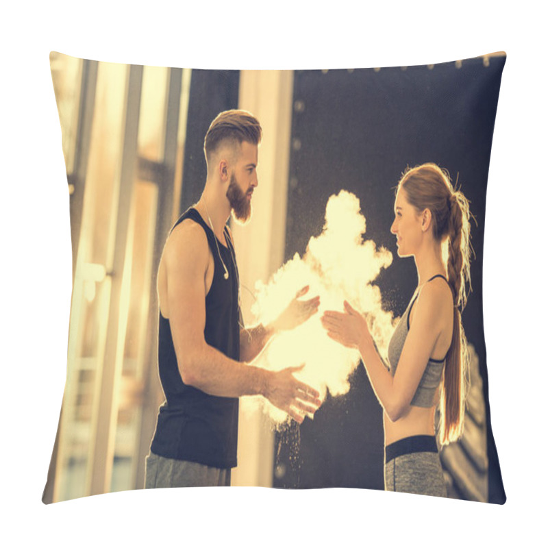 Personality  Sportsman And Sportswoman In Gym Pillow Covers