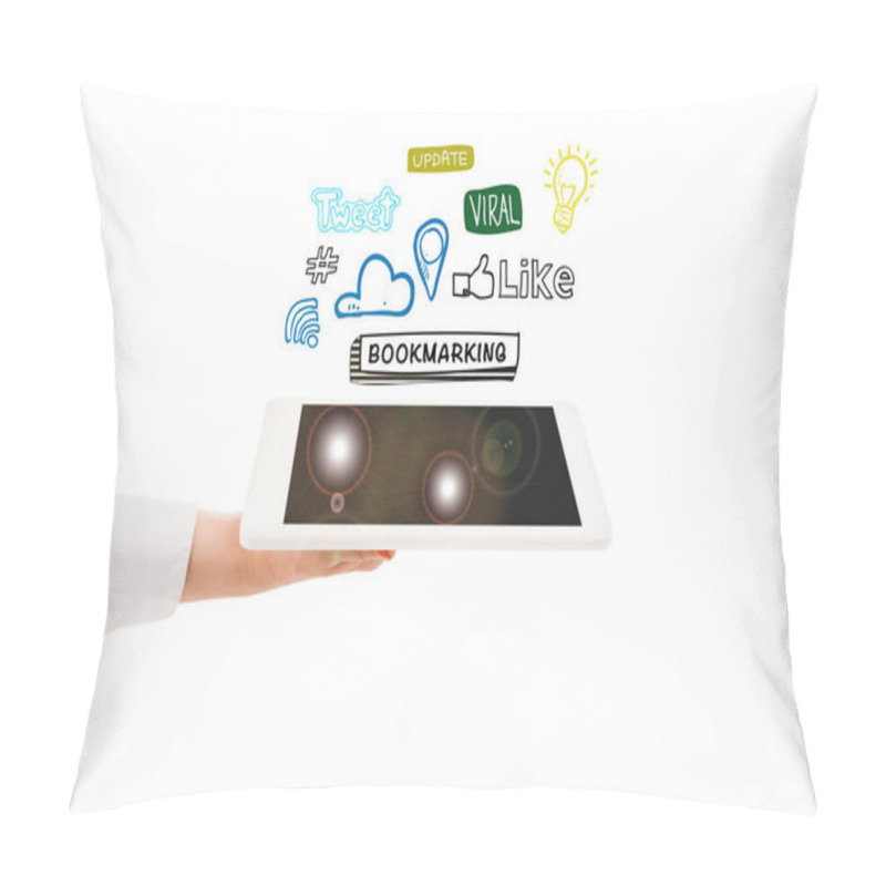 Personality  Cropped View Of Woman Holding Digital Tablet With Social Media Icons Above Isolated On White Pillow Covers