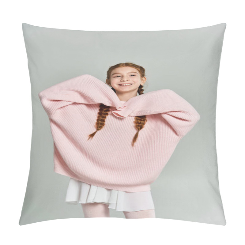 Personality  A Cheerful Young Girl Enjoys The Comfort Of Oversized Winter Clothing, Radiating Happiness. Pillow Covers