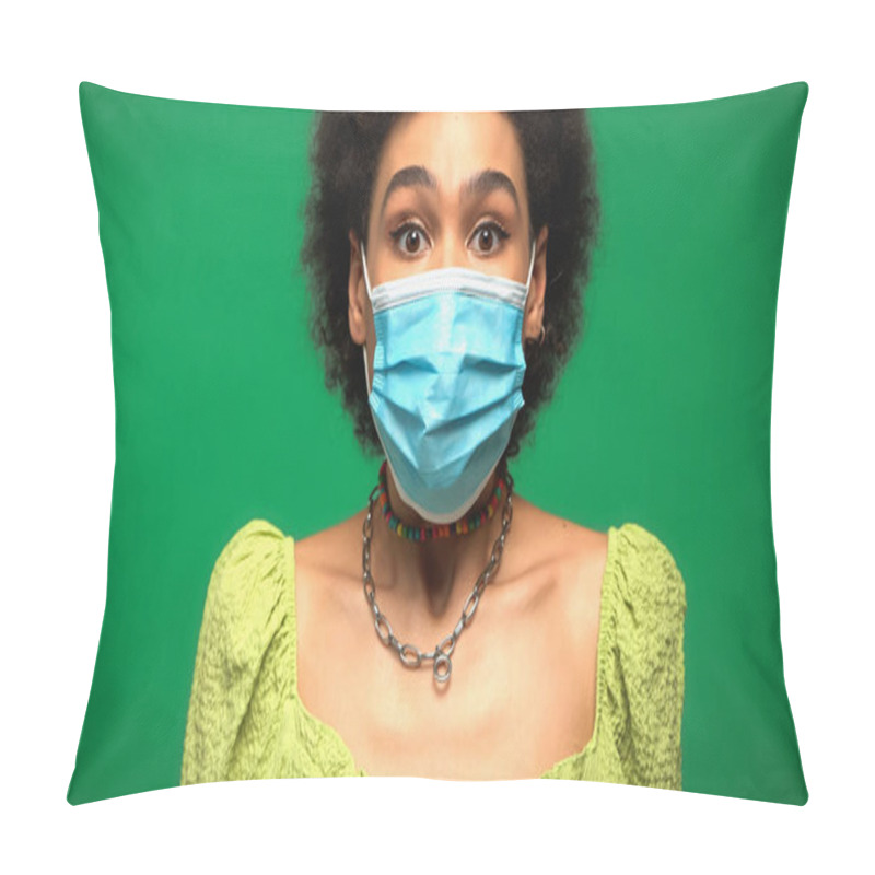 Personality  Scared African American Woman In Medical Mask Isolated On Green  Pillow Covers