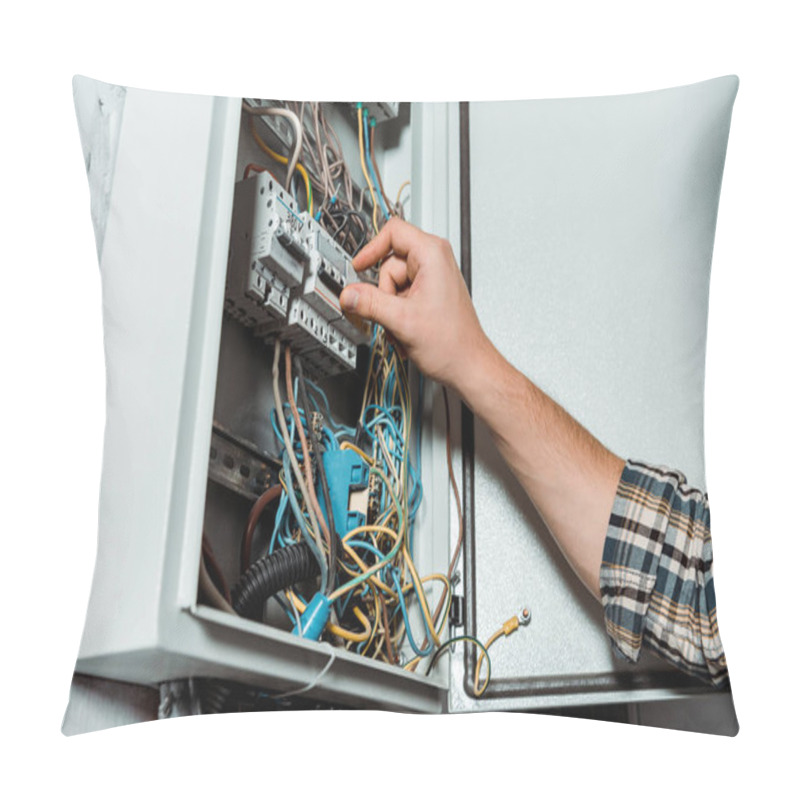 Personality  Cropped View Of Electrician Touching Switch On Switchboard   Pillow Covers