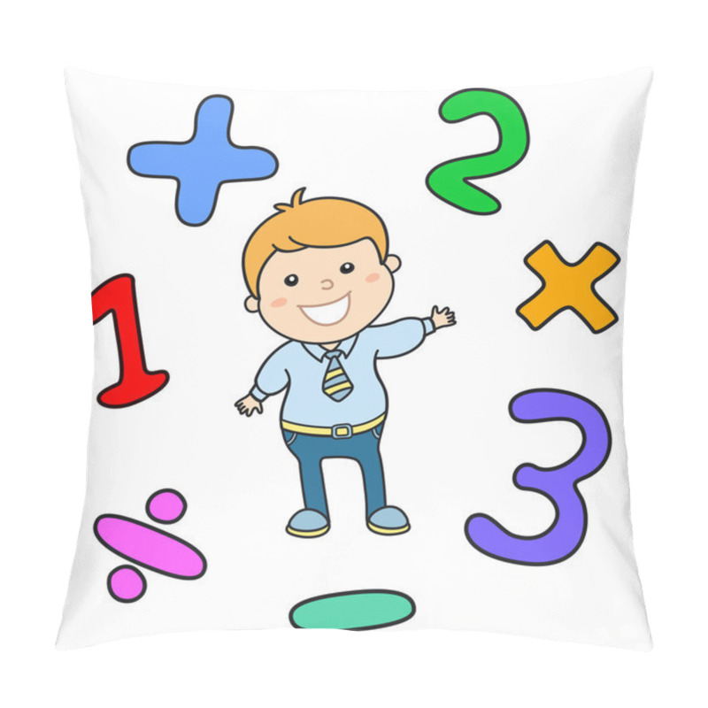 Personality  Cartoon Style Math Learning Game Illustration. Mathematical Arithmetic Logic Operator Symbols Icon Set. Template For School Teacher Educational Usage. Cute Boy Student Character. Calculation Lesson. Pillow Covers