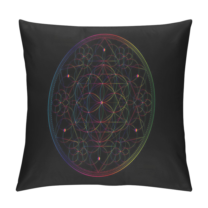 Personality  Seed Of Life Symbol Sacred Geometry.  Geometric Mystic Mandala Of Alchemy Esoteric Flower Of Life. Color Spectrum Gradient Design, Vector Divine Meditative Tibetan Amulet Isolated On Black Background Pillow Covers