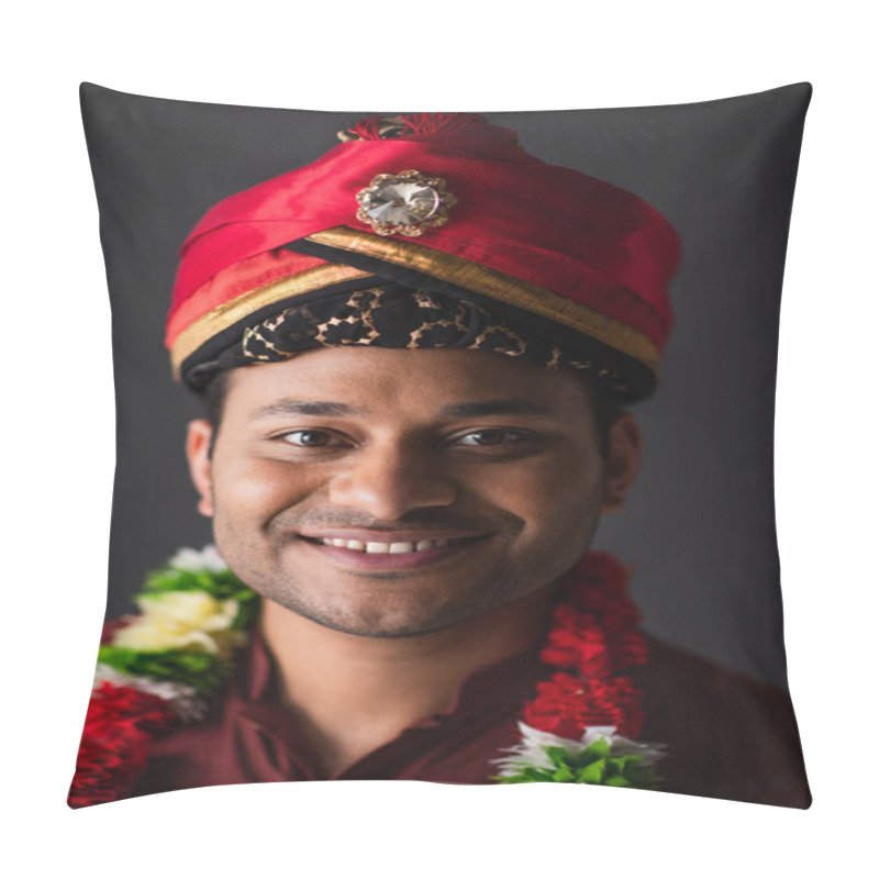 Personality  Positive Indian Man In Turban And Floral Garland Posing Isolated On Grey  Pillow Covers