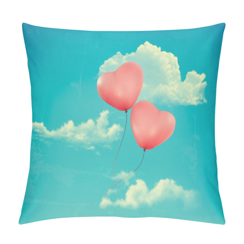 Personality  Valentine Heart-shaped Baloons In A Blue Sky With Clouds. Vector Pillow Covers