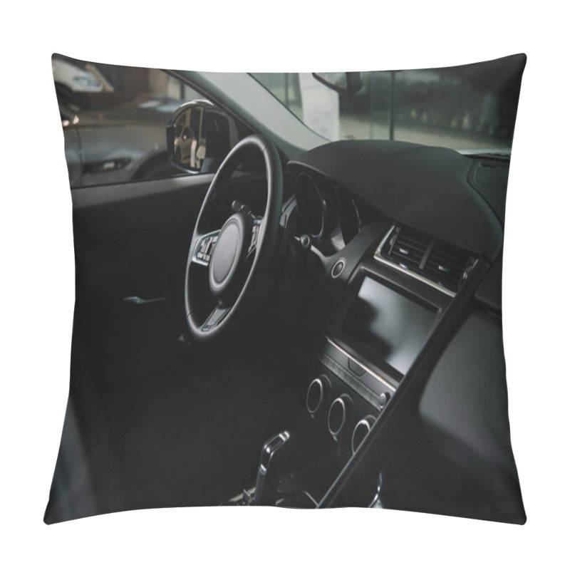 Personality  Black Steering Wheel Near Gear Shift In Luxury Car  Pillow Covers