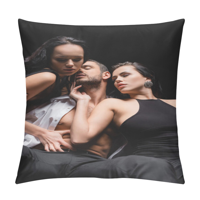 Personality  Elegant, Passionate Women Seducing Man In Unbuttoned Shirt Isolated On Black Pillow Covers