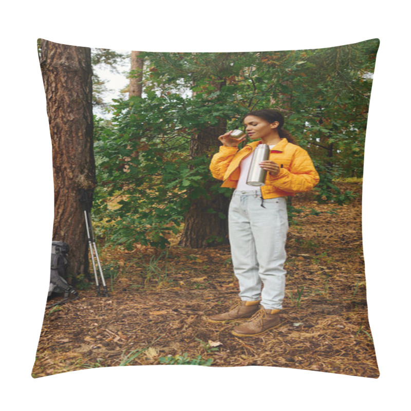 Personality  In A Beautiful Autumn Forest, A Young African American Woman Takes A Moment To Sip A Warm Drink During Her Hike. Pillow Covers