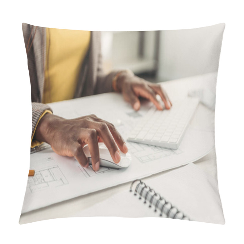 Personality  Cropped View Of African American Female Architect Using Compute Desk With Blueprints Pillow Covers