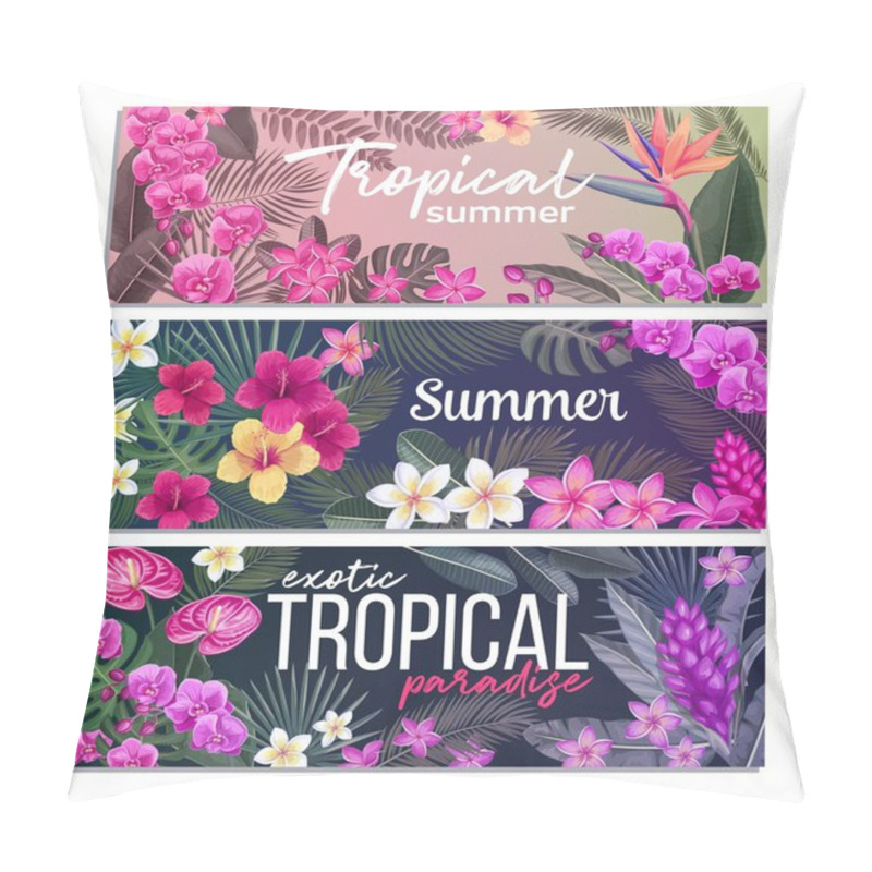 Personality  Tropical Banners With Jungle Exotic Flower And Leaves. Strelitzia, Anthurium, Hibiscus, Plumeria, Orchid And Ginger Flower. Summer Tropical Paradise Design. Vector Illustration. Pillow Covers