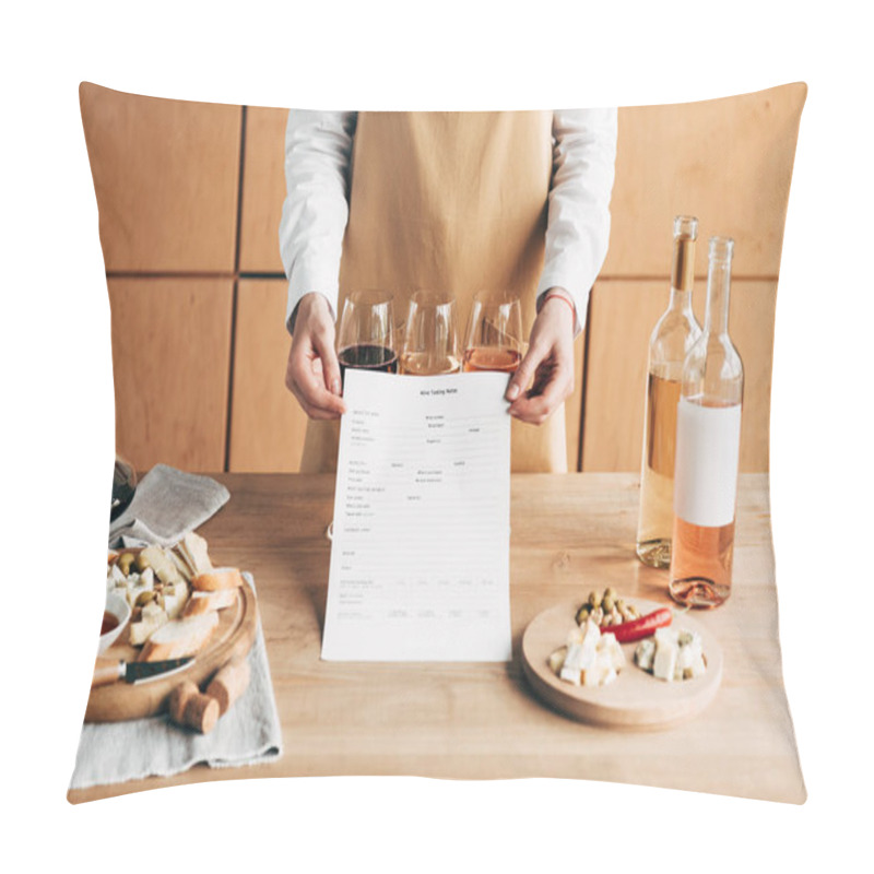 Personality  Cropped View Of Sommelier In Apron Holding Wine Tasting Notes Pillow Covers