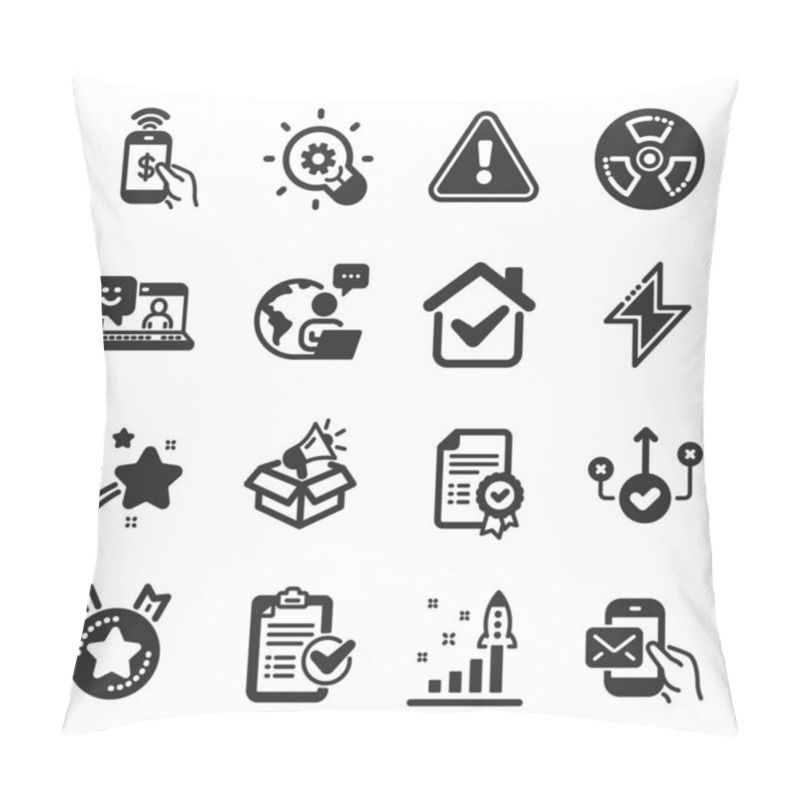 Personality  Set Of Technology Icons, Such As Messenger Mail, Smile, Phone Payment Symbols. Certificate, Ranking Star, Chemical Hazard Signs. Innovation, Energy, Development Plan. Survey Checklist. Vector Pillow Covers