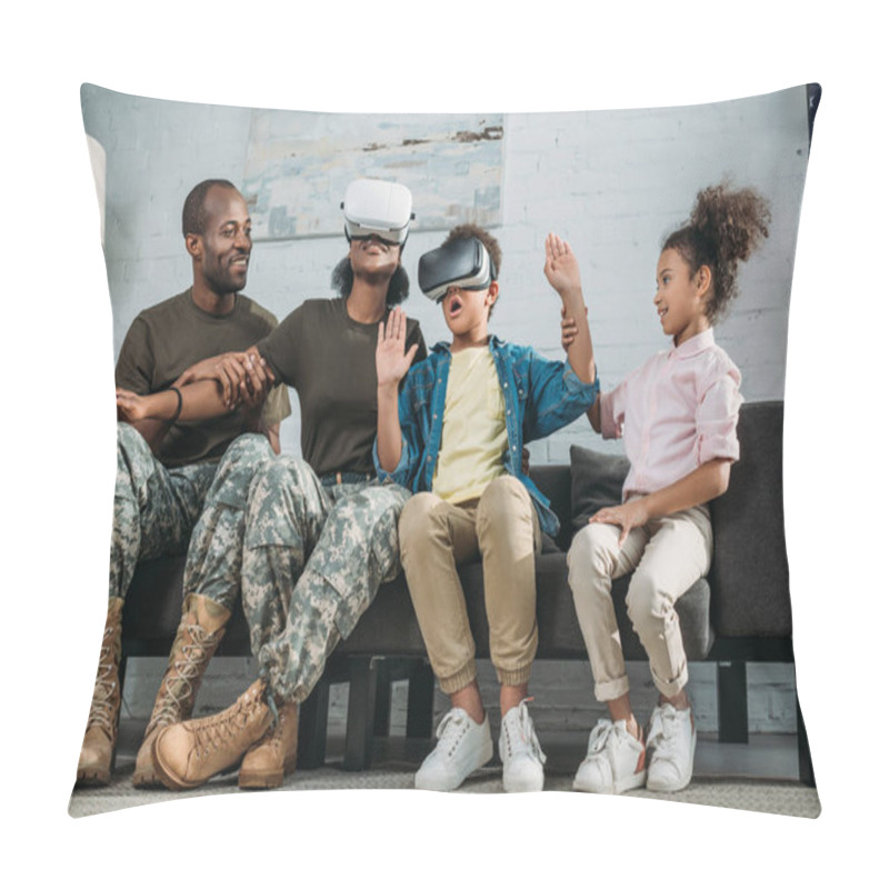 Personality  Happy Family With Children And Parents In Camouflage Clothes Using Vr Glasses Pillow Covers