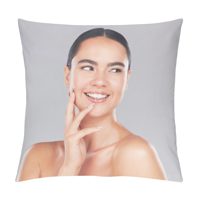 Personality  Beauty, Skincare And Woman In A Studio For Wellness, Health And Natural Face Or Skin Routine. Happy, Smile And Girl Model From Asia With A Cosmetic Facial Treatment Isolated By A Gray Background Pillow Covers