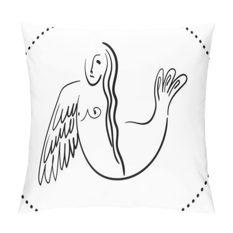 Personality  Mythological Sirin Bird Half-woman Half-bird In Black Contour On A White Background Pillow Covers