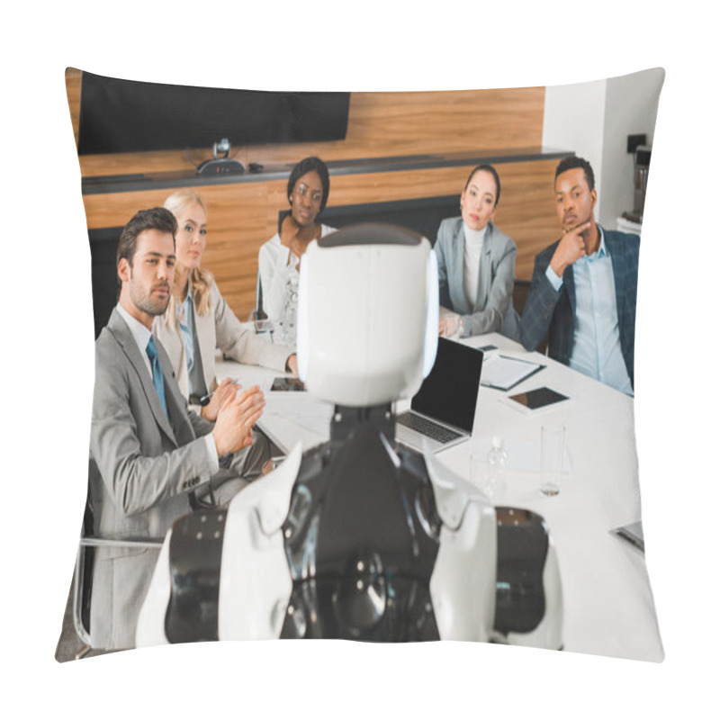 Personality  Selective Focus Of Young Multicultural Businesspeople Looking At Robot While Sitting In Conference Hall Pillow Covers