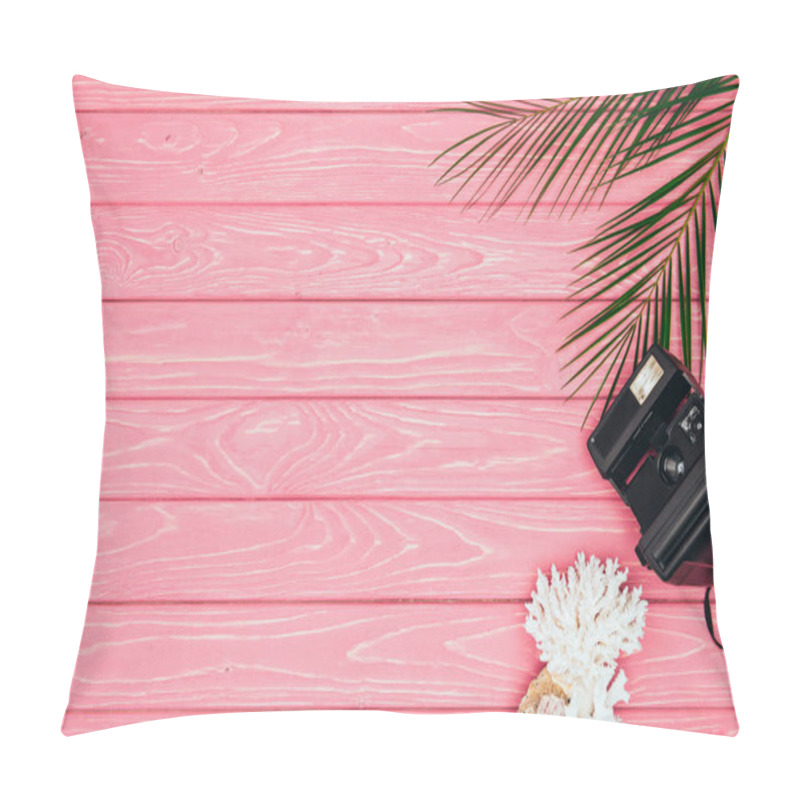 Personality  Top View Of Instant Print Camera With Coral And Palm Leaves On Pink Wooden Surface Pillow Covers