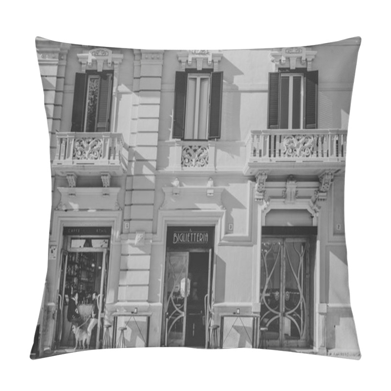 Personality  Rome, Italy - November 07, 2018: Italian Outside Street Houses With Nobody On Street In Historic City. Pillow Covers