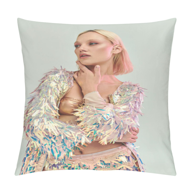 Personality  A Young Woman Showcases Her Trendy, Iridescent Outfit With Poise. Pillow Covers