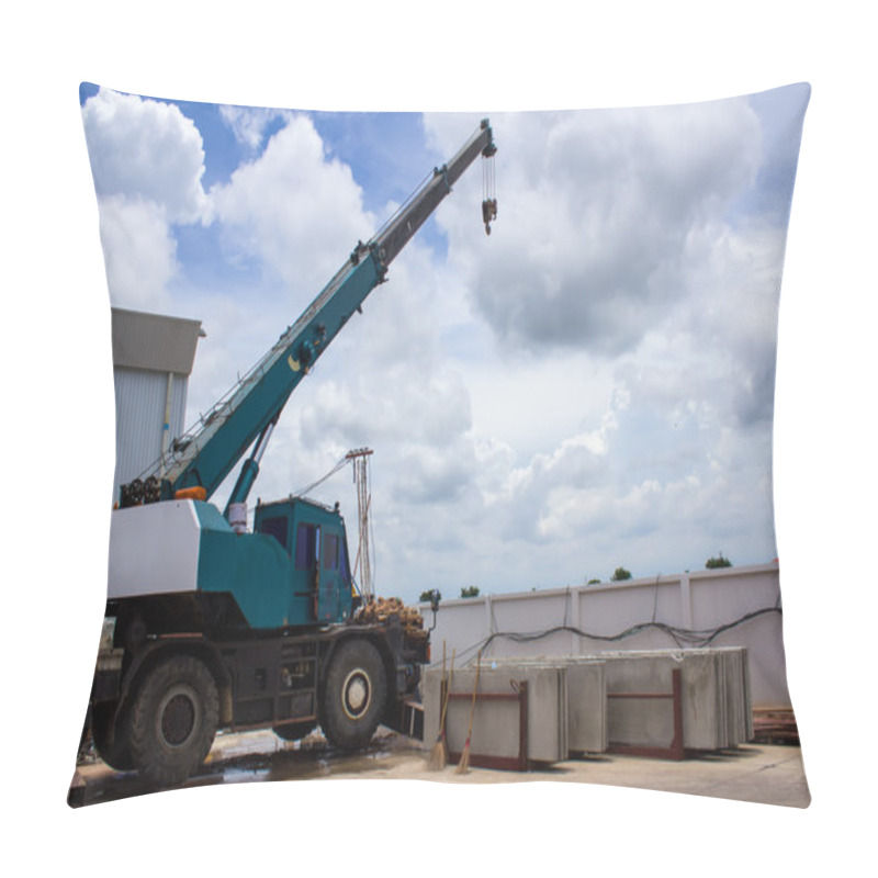 Personality  Automobile Crane With Risen Telescopic Boom Outdoors Over Blue S Pillow Covers