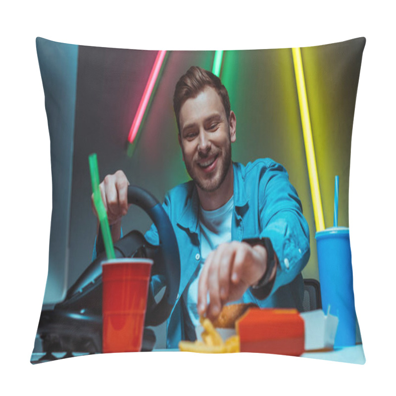 Personality  Selective Focus Of Handsome And Smiling Man Holding Steering Wheel And Eating French Fries Pillow Covers