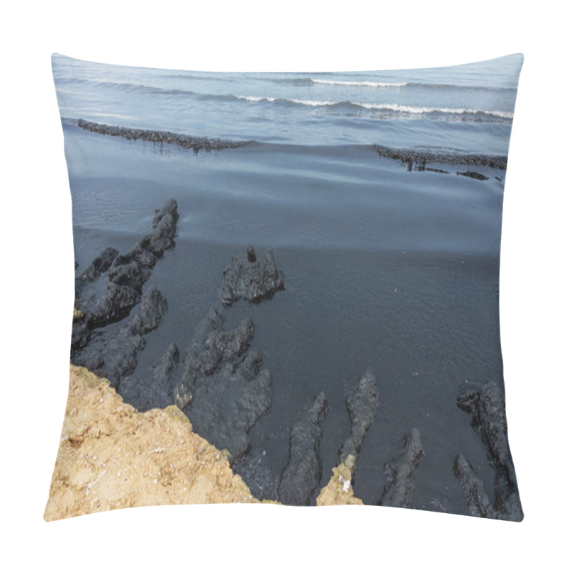 Personality  The Sea And The Beach Are Polluted With Oil. A Crude Oil Spill On The Sand Of A City Beach. Beach Oil Spill Impact, Pollution, Waste Disposal. Ecological Catastrophy Pillow Covers