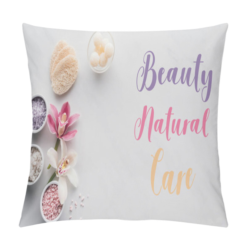 Personality  Top View Of Spa Accessories And Inscription Beauty Natural Care On White Pillow Covers