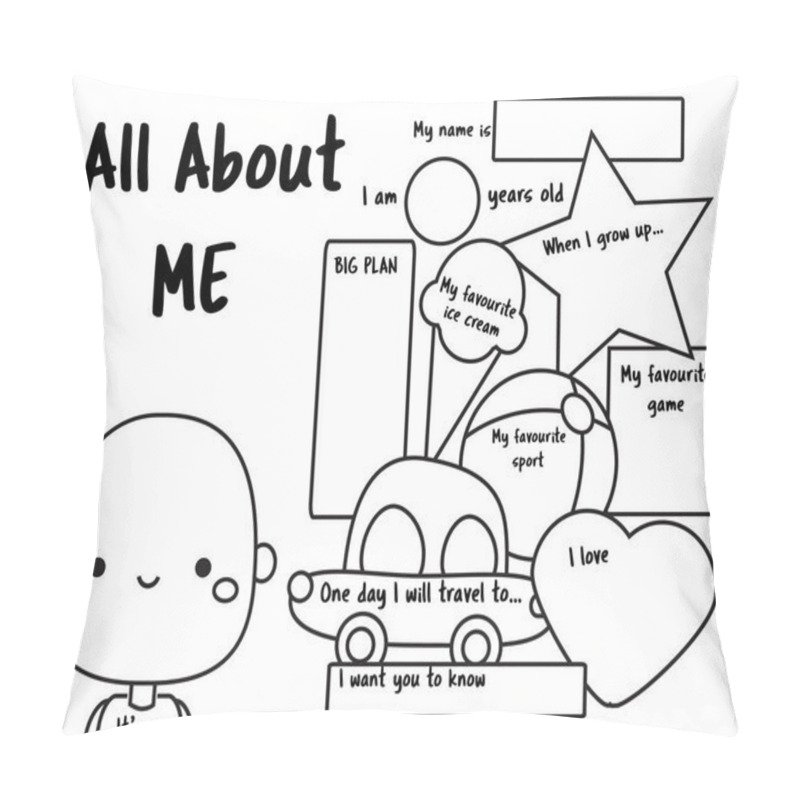 Personality  All About Me. Writing Prompt For Kids. Educational Children Page. Printable Sheet For Class Teachers. Back To School Activity Pillow Covers