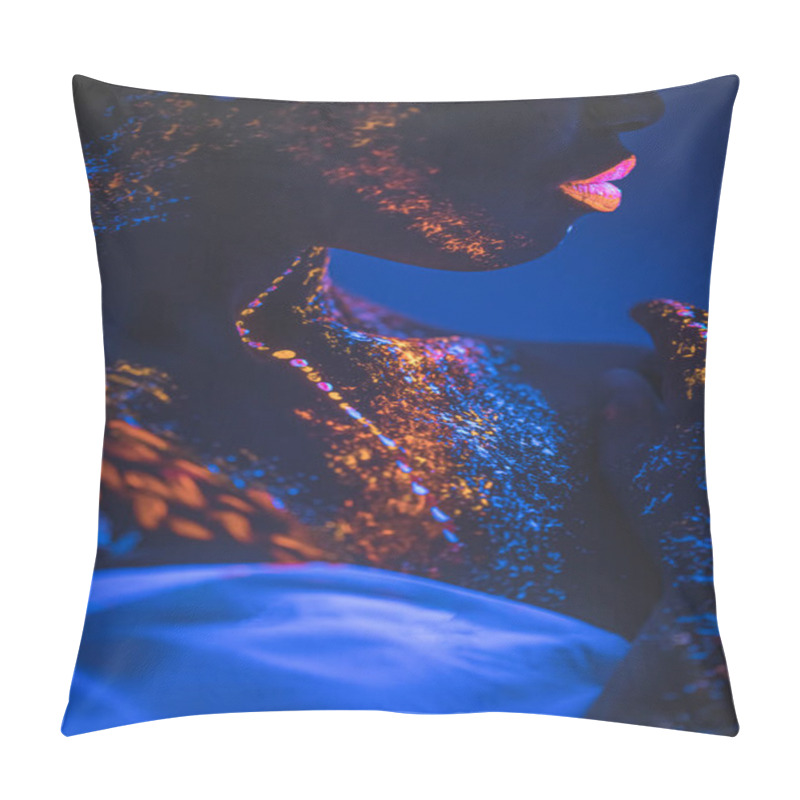 Personality  Side View On Young African Woman With Fluorescent Prints On Face Pillow Covers