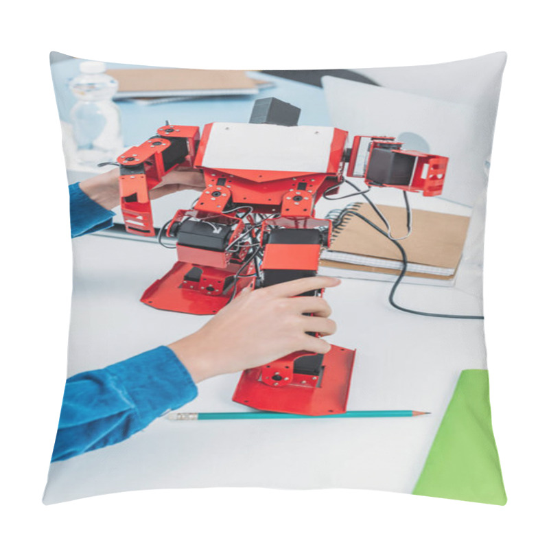 Personality  Cropped View Of Schoolkid Playing With Robot Model At STEM Educational Class Pillow Covers