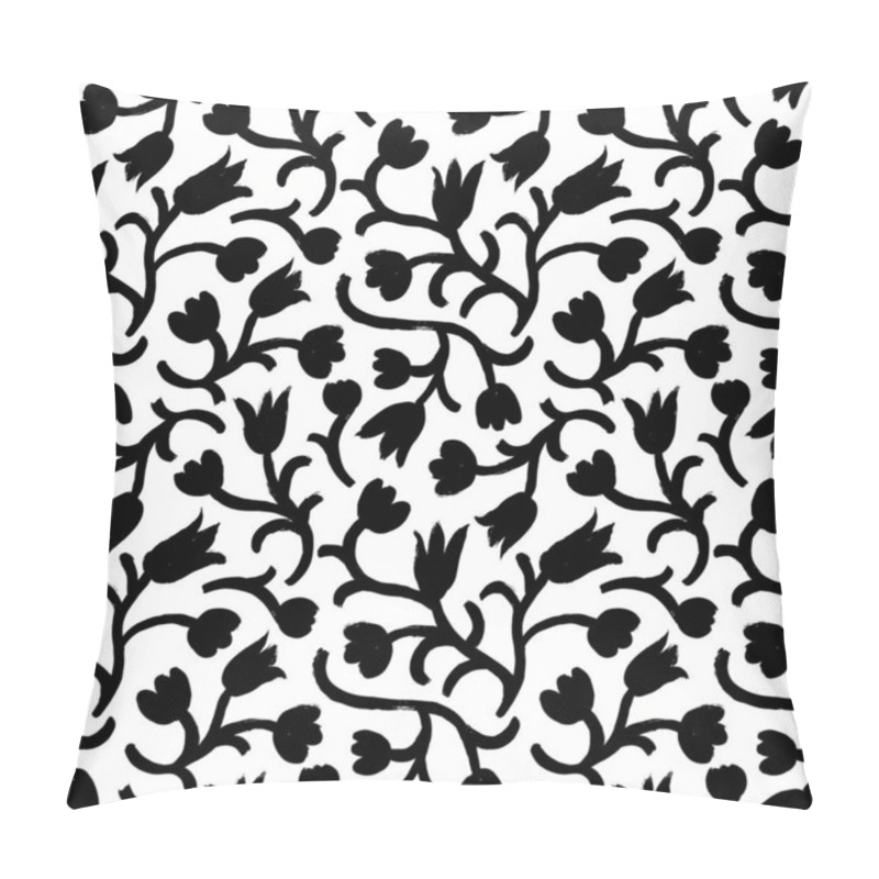 Personality  Silhouettes Of Hand Drawn Tulips Seamless Pattern. Bold Geometric Flowers With Petals And Leaves. Hand Drawn Bold Strokes And Swirled Stems. Black Ink Ornament In Naive Style. Abstract Background. Pillow Covers