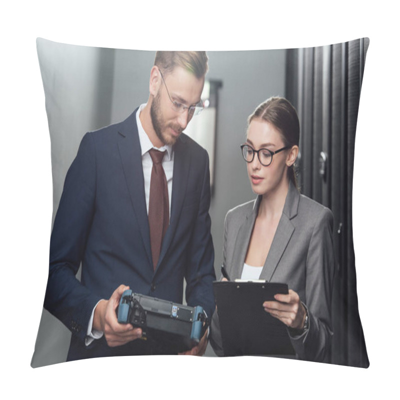 Personality  Handsome Businessman Holding Reflectometer Near Businesswoman In Data Center  Pillow Covers