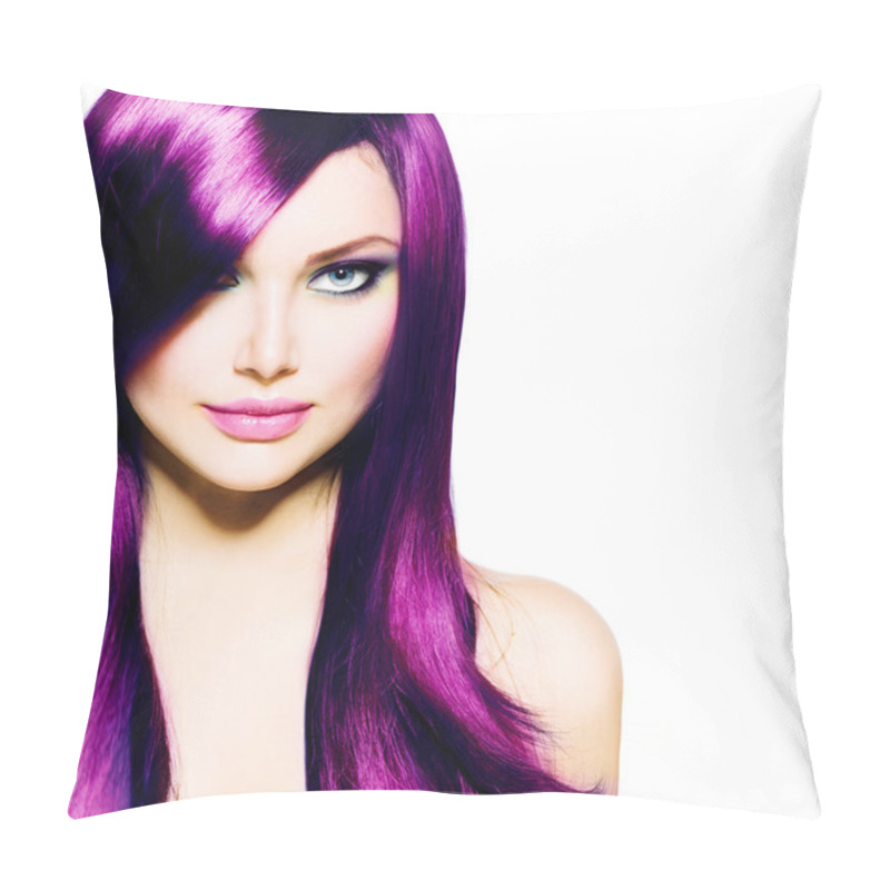 Personality  Beautiful Girl With Healthy Long Purple Hair And Blue Eyes Pillow Covers